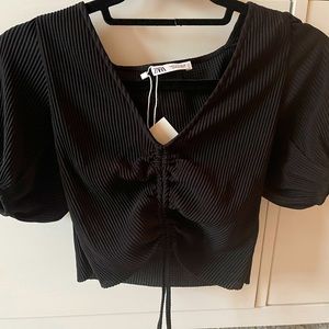 NWT Zara Puff Sleeve Ruched Crop Top - Size Small